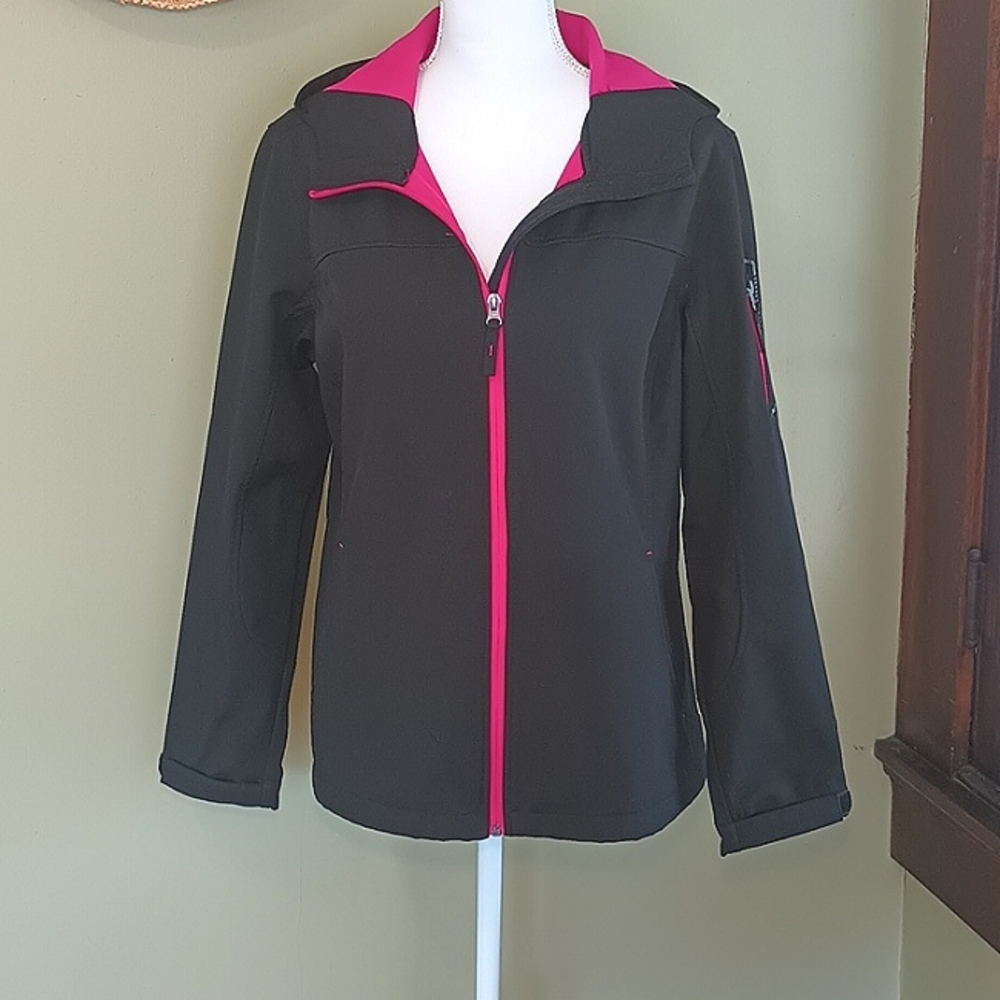 Free Tech Zip-Up Jacket, Hood, Black & Pink, Lined, Size Large 12/14